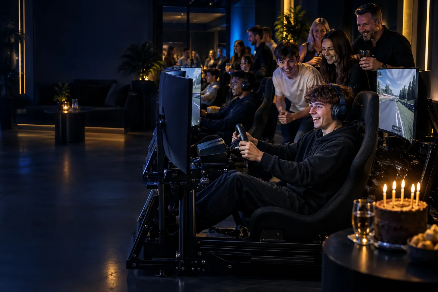 Friends competing on racing simulators at a private celebration