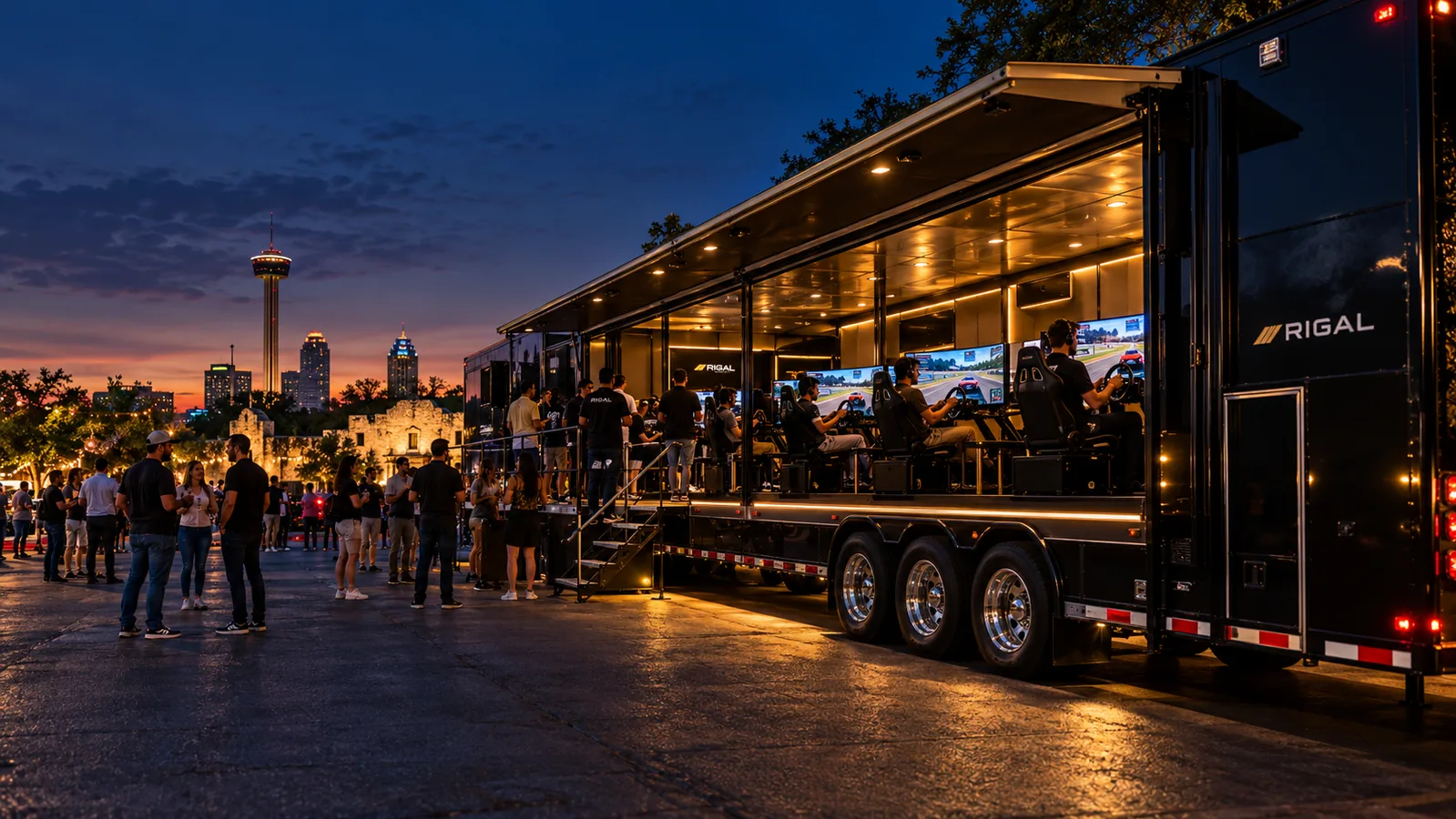 RIGAL mobile sim racing trailer at an evening event