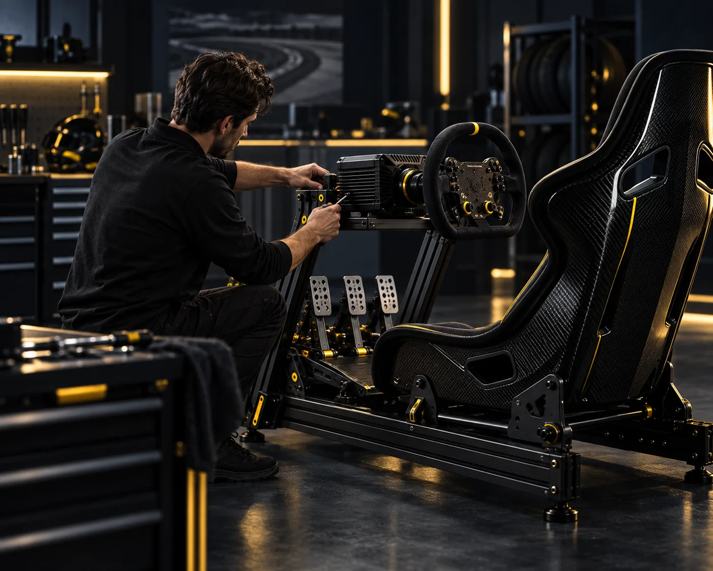 Engineer carefully adjusting a precision sim racing rig